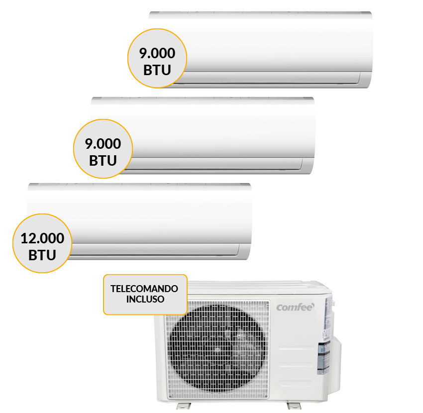 Comfeè Condizionatore TRIAL split Inverter 9000+9000+12000 btu CFCFW12AIU + CFCFW09AIU(2) + 2F18K Climatizzatore Fisso