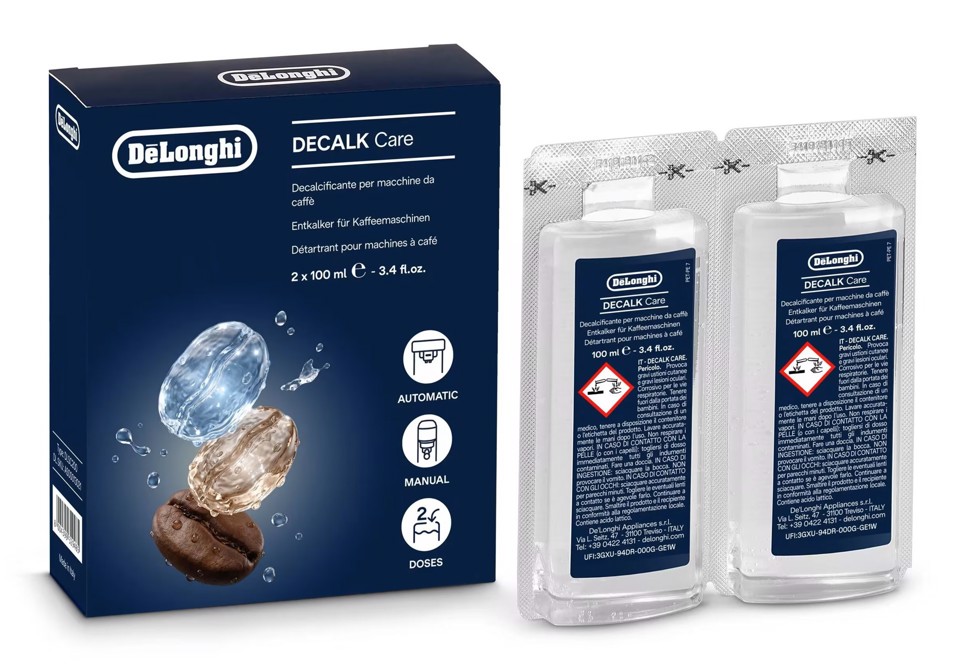 De’Longhi Decalk Care 2x100 — Decalcificante per Macchine da Caffè, 2 Flaconi Monodose da 100 ml (2 Utilizzi) "