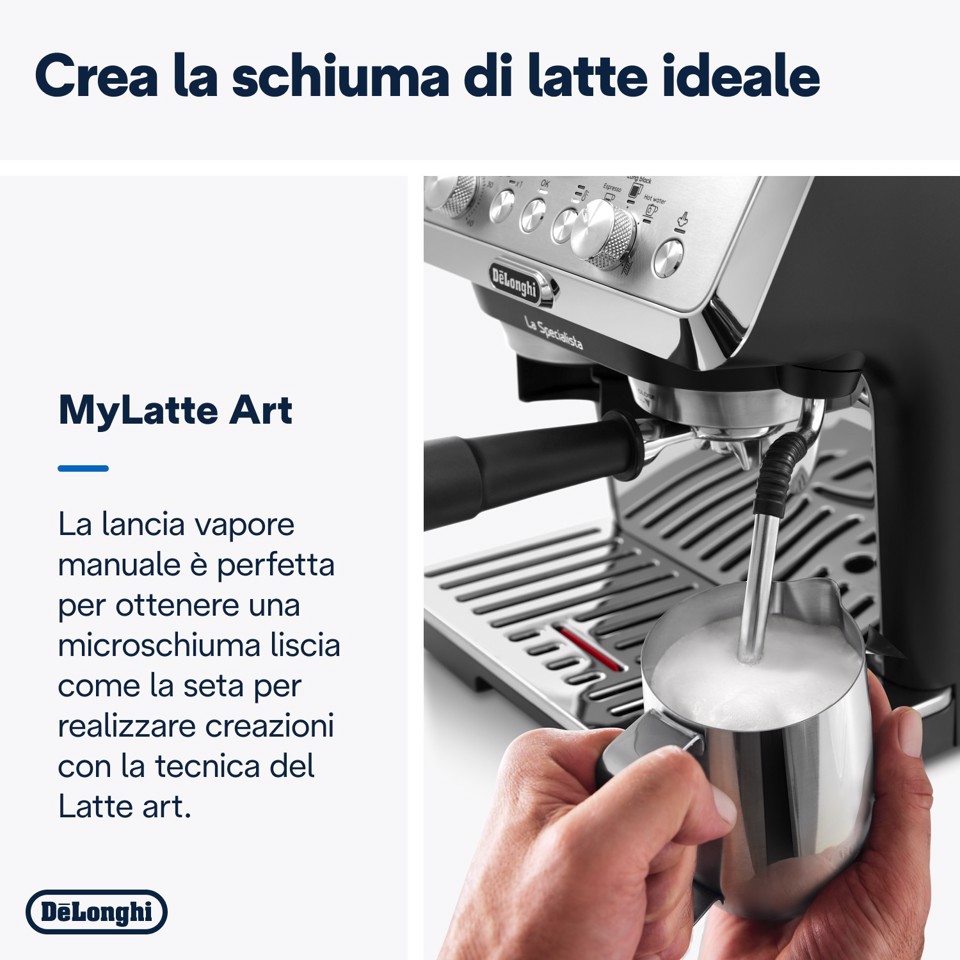 De’Longhi Dedica Arte La Specialista Arte - Macchina per Caffè in chicchi Manuale, Montalatte manuale, 1400W, Metal Black (EC9155.MB)
