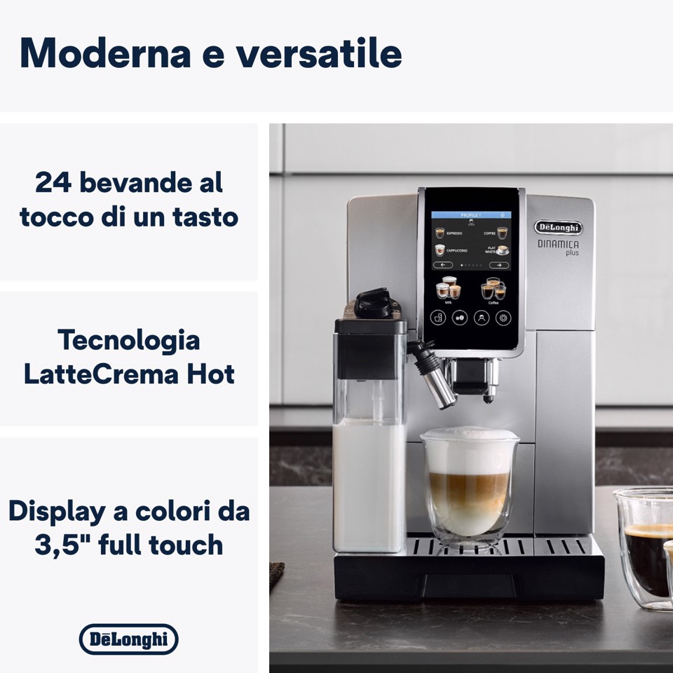 De’Longhi Dinamica Plus - Macchina Automatica per Caffè in Chicchi, 24 bevande one-touch, Argento/Nero (ECAM380.85.SB)