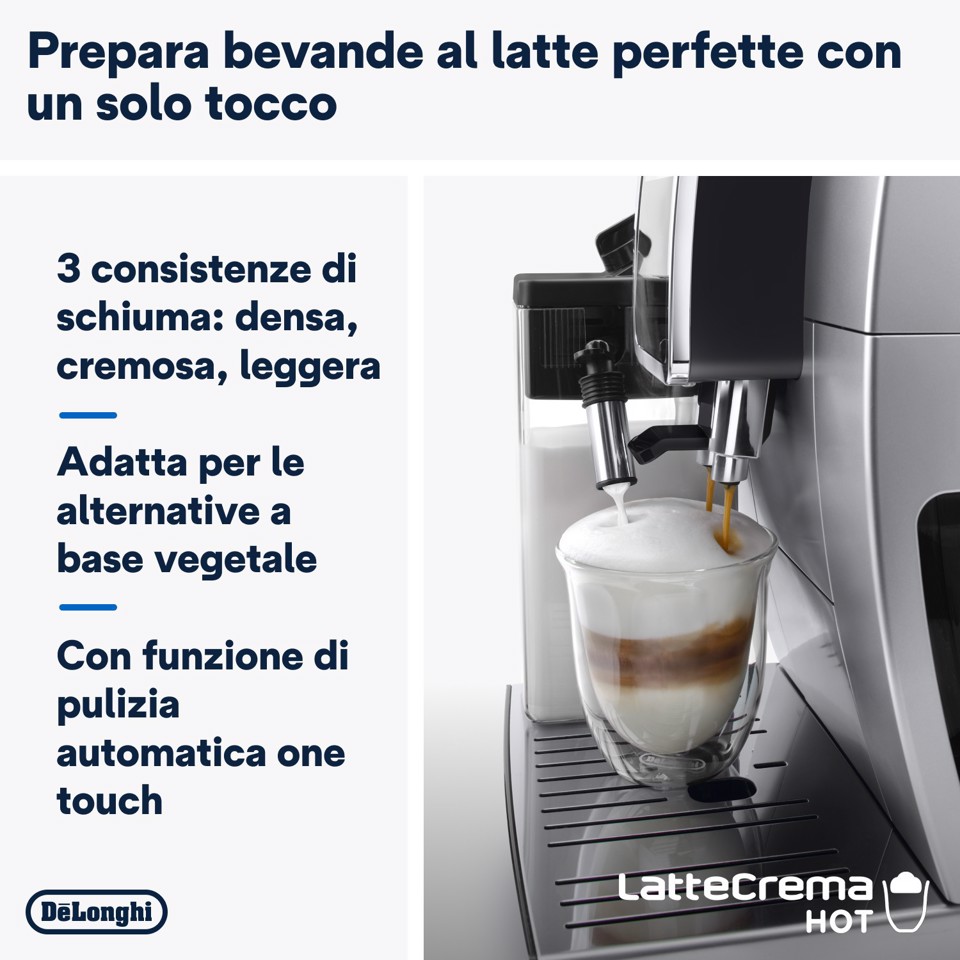 De’Longhi Dinamica Plus - Macchina Automatica per Caffè in Chicchi, 24 bevande one-touch, Argento/Nero (ECAM380.85.SB)