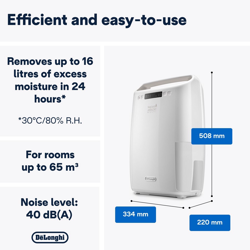 De’Longhi Tasciugo AriaDry - Deumidificatore, Capacità deumidificazione 14l/24h, Serbatoio 2,1L, Bianco (DEXD214RF)