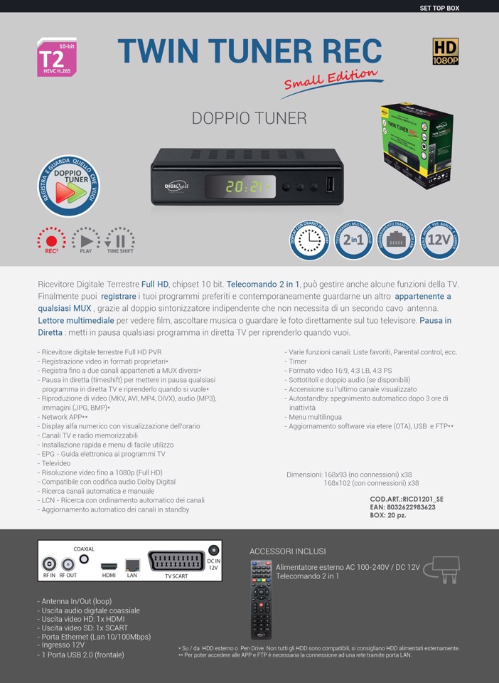 Digiquest Twin Tuner Small Edition Ethernet (RJ-45), Terrestre Full HD Nero