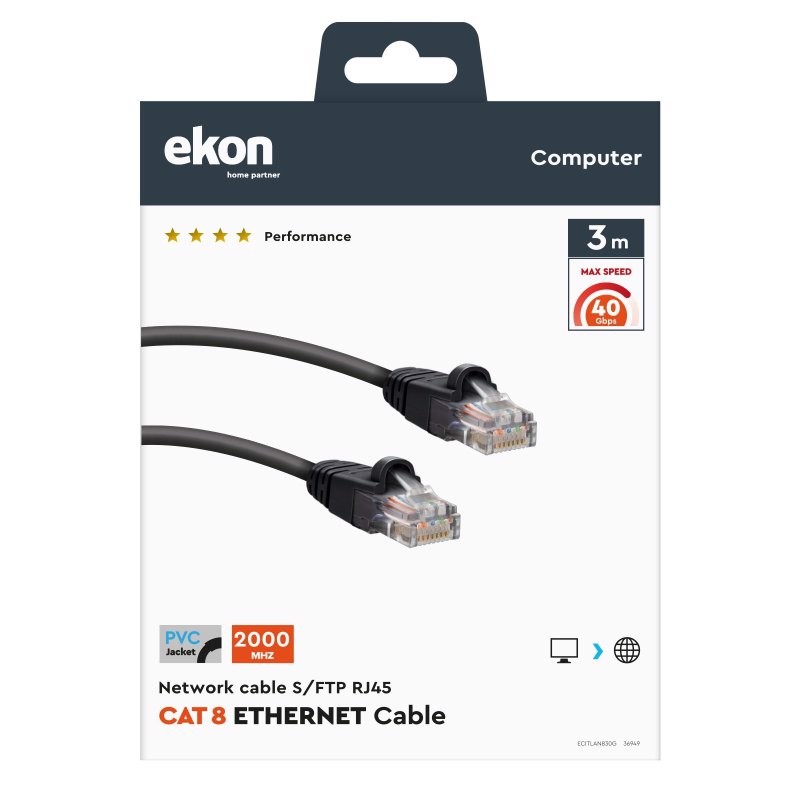 Ekon ECITLAN830G cavo di rete Nero 3 m Cat8 S/FTP (S-STP)
