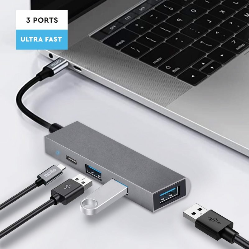 Ekon HUB con 3 porte USB-A, 1 porta USB-C e cavo di alimentazione USB-C