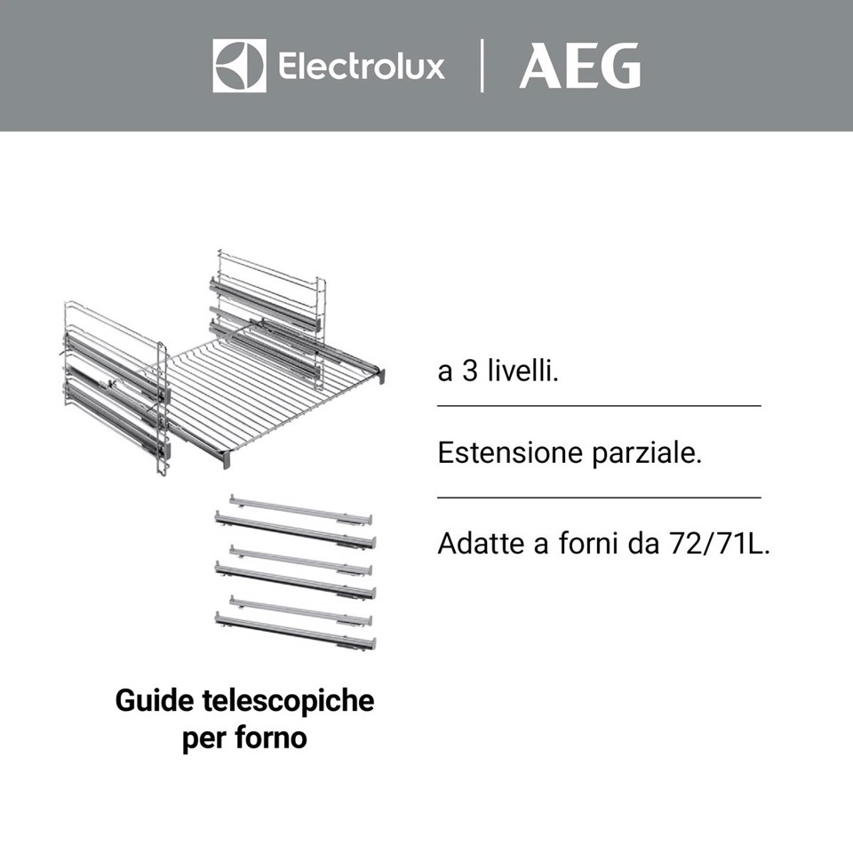 Electrolux Accessori Forno Guida Telescopica Per 3 Livelli Ad Estensione Parziale Per Forni Dotati Di Griglie Laterali All'Interno Della Cavità .Esclusi I Forni 100% Vapore E I Modelli Pirolitici. TR3LV