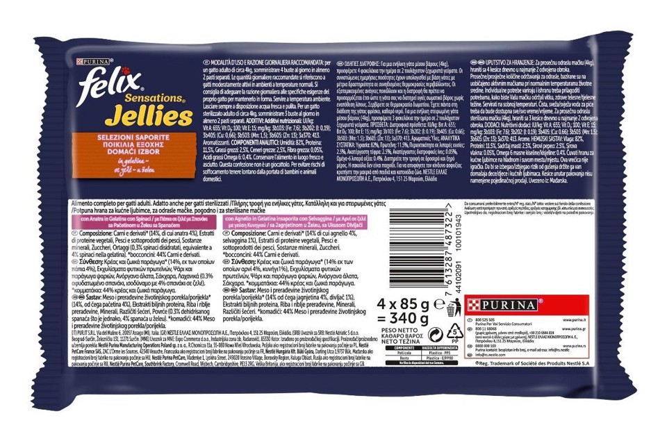 Felix 12480181 Sensations Jellies per gatto Adulto con Anatra e Agnello 4x85 g