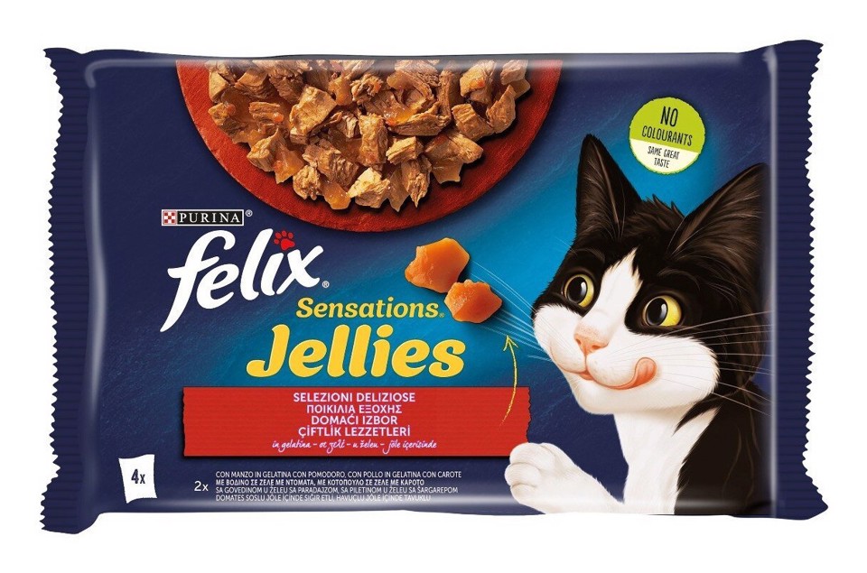 Felix 12480383 Sensations Jellies per gatto Adulto con Manzo e Pomodoro, Polloe Carote 4x85 g