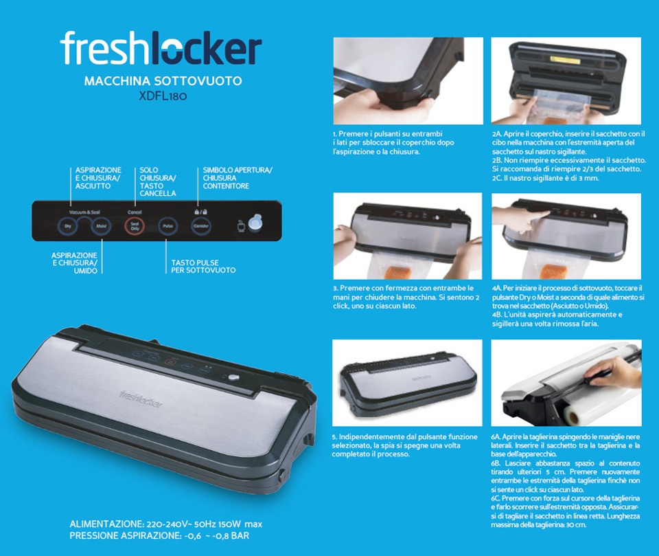 Freshlocker XDFL180 macchina per sottovuoto 800 mbar Nero, Acciaio inossidabile