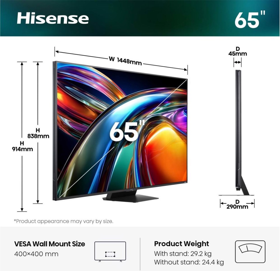 Hisense 65UR9S 165,1 cm (65") 4K Ultra HD Smart TV Wi-Fi Grigio 3500 cd/m²