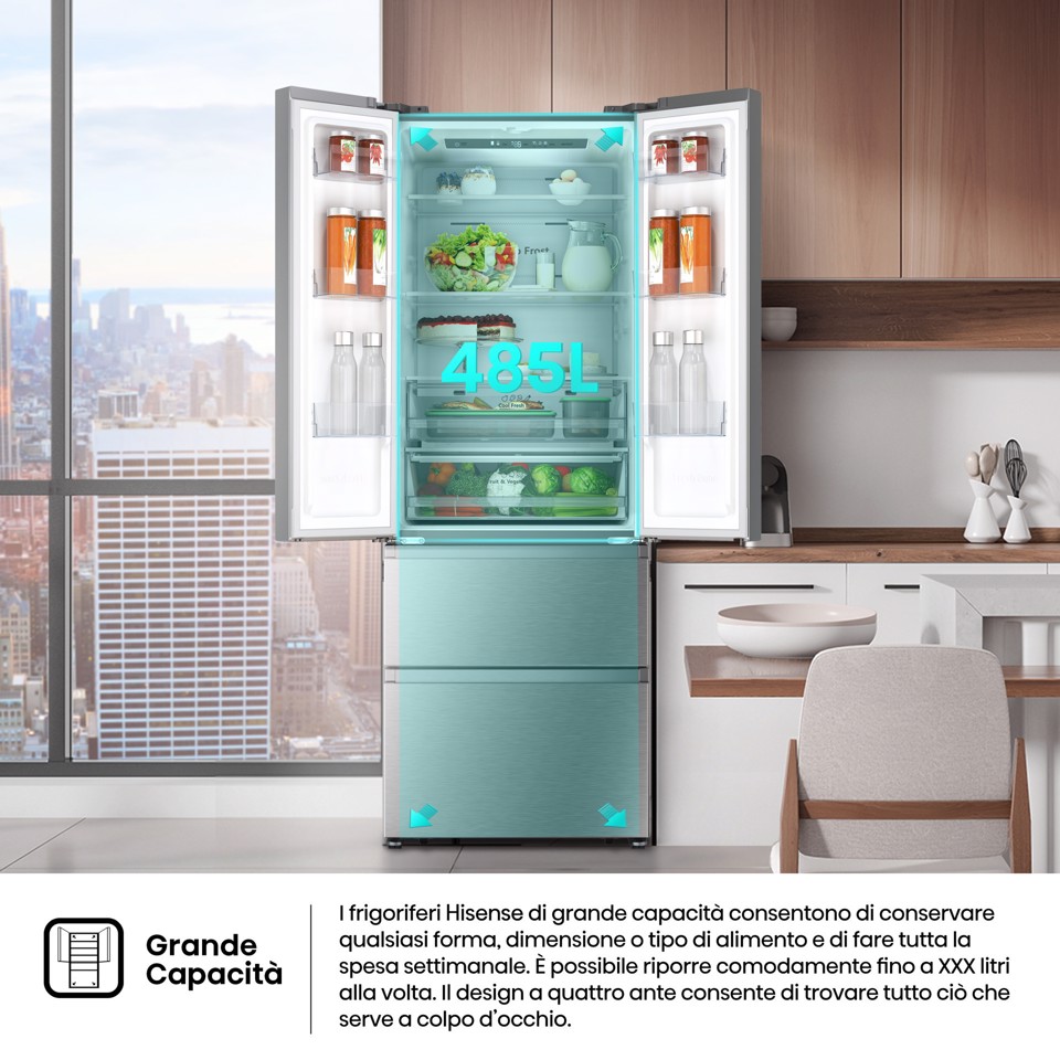 Hisense frigorifero French Door RF632N4BCE libera installazione 485L Classe E Grande capacità