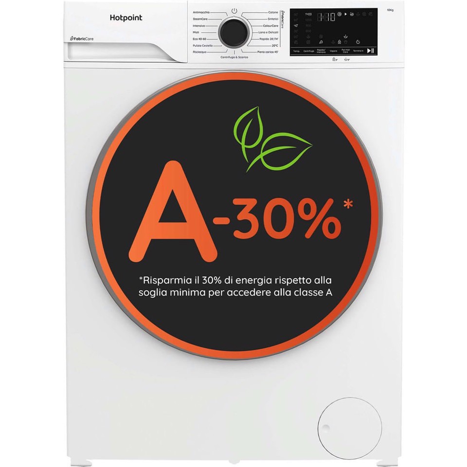 Hotpoint Ariston HB 103 CARE IT, Capacità 10kg, classe A -30%, Motore Inverter, 1400 giri, Display digitale XL, Vapore,