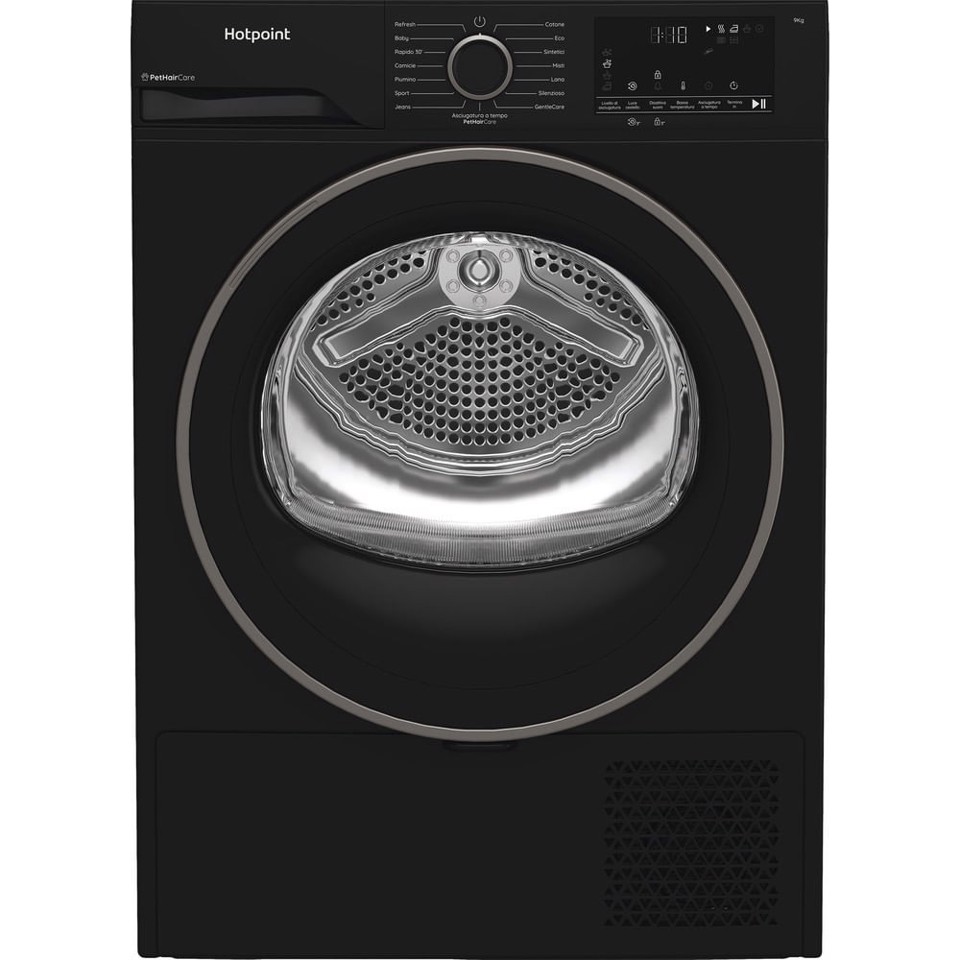 Hotpoint Ariston HPT 94D BBS IT, Capacità 9kg, classe C, colore Black,EasyIron, PetHair Removal | Profondità mobile 60cm