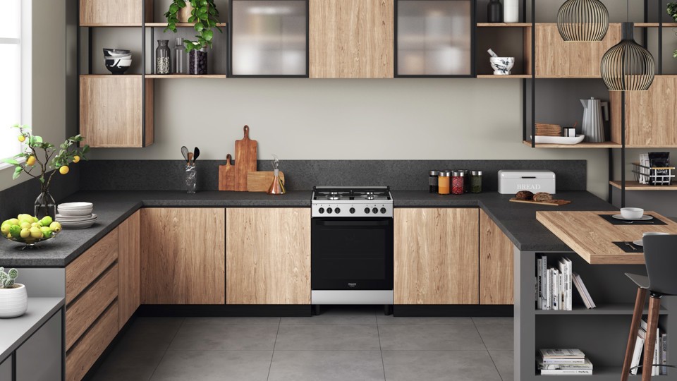 Hotpoint HS68G5PHX/E/1 Cucina Elettrico Gas Nero, Acciaio inossidabile A