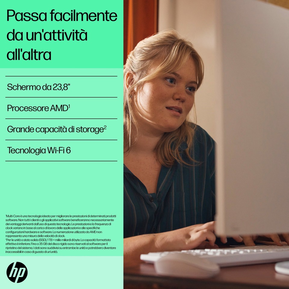 HP 24-cr0011nl PC AMD Ryzen™ 5 7520U 60,5 cm (23.8") 1920 x 1080 Pixel PC All-in-one 8 GB LPDDR5-SDRAM 512 GB SSD Windows 11 Home Wi-Fi 6 (802.11ax) Bianco