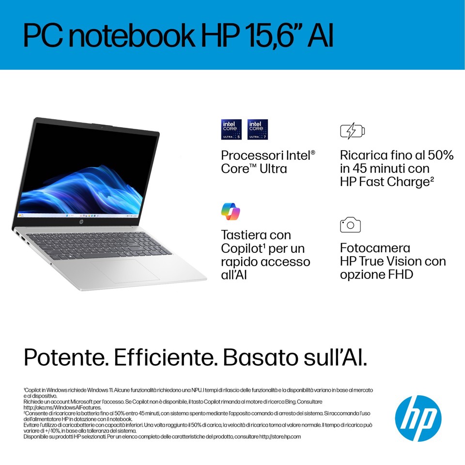 HP AI 15-fd2026nlx Intel Core Ultra 5 225U Computer portatile 39,6 cm (15.6") Full HD 8 GB DDR5-SDRAM 512 GB SSD Wi-Fi 6 (802.11ax) Windows 11 Home AI PC Argento
