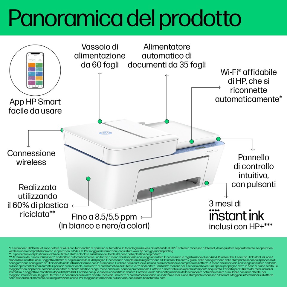 HP DeskJet 4222e Wireless All-in-One Colore Stampante, Instant Ink; Fotocopiatrice, scanner