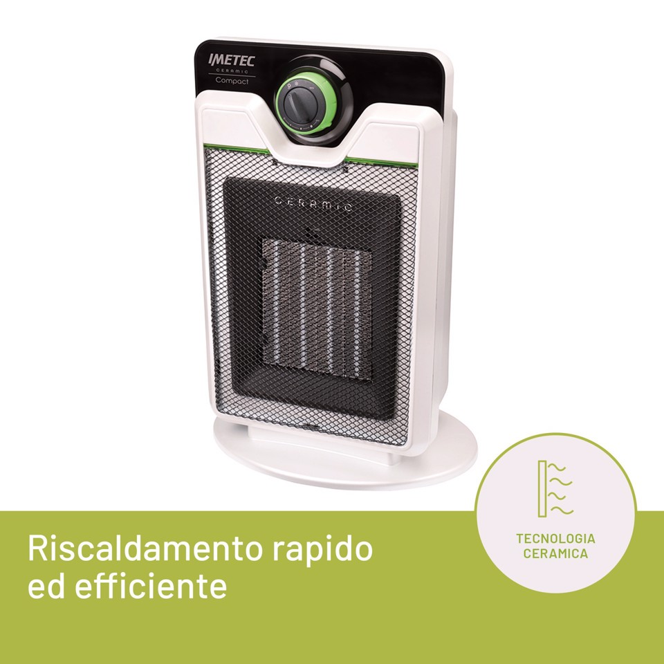 Imetec Ceramic Compact – Termoventilatore ceramico Tecnologia ceramica | Stufetta silenziosa | 3 livelli di temperatura | Termostato ambiente