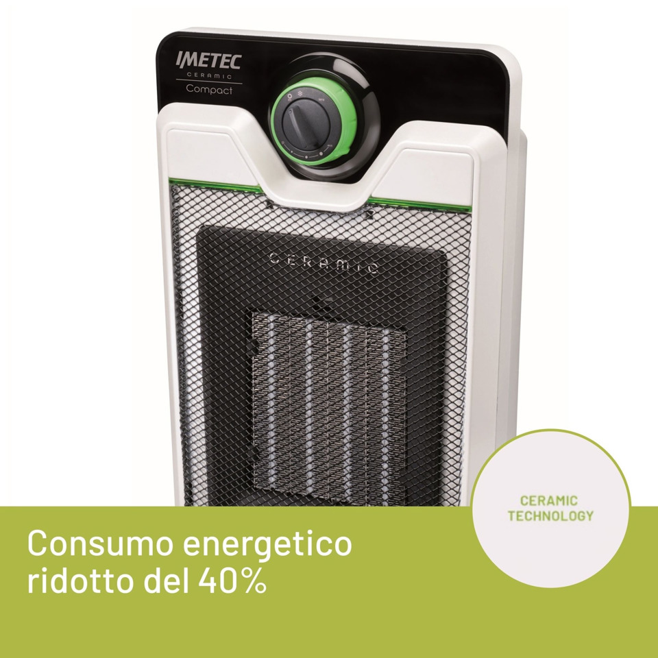 Imetec Ceramic Compact – Termoventilatore ceramico Tecnologia ceramica | Stufetta silenziosa | 3 livelli di temperatura | Termostato ambiente