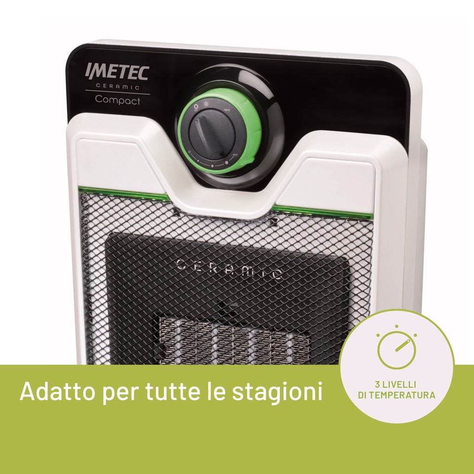 Imetec Ceramic Compact – Termoventilatore ceramico Tecnologia ceramica | Stufetta silenziosa | 3 livelli di temperatura | Termostato ambiente