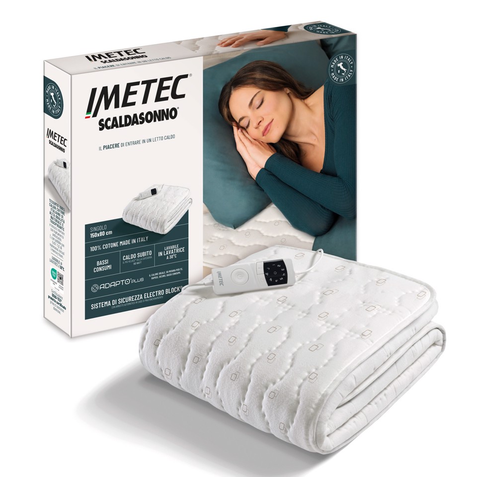 Imetec Scaldasonno Adapto Plus 100% Cotone, Singolo 80x150 cm, Caldo Subito, Tecnologia Brevettata Adapto Plus, Sistema Sicurezza ElectroBlock, Bassi consumi, 6 Temperature, Autospegnimento 1, 3, 9 ore, Made in Italy