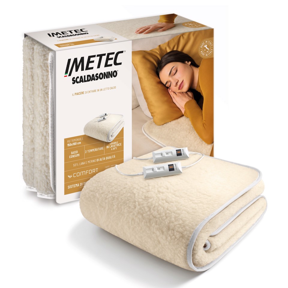 Imetec Scaldasonno Comfort Matrimoniale 160x150 cm, 50% Lana e Merino, 2 Temperature, Sistema Sicurezza ElectroBlock, Bassi Consumi, Made in Italy