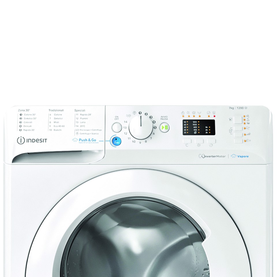 Indesit BWSA 7126X WV IT, 7kg, classe A, Bianco, Inverter, 1200 giri, Display LED, vapore, porta bianca Made in Italy