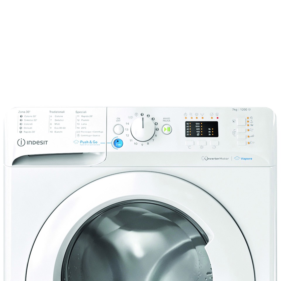 Indesit BWSA 7126X WV IT, 7kg, classe A, Bianco, Inverter, 1200 giri, Display LED, vapore, porta bianca