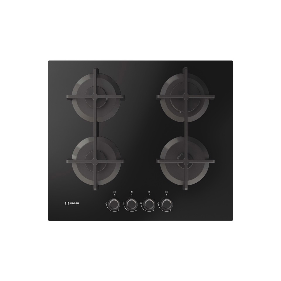 Indesit ING 61T/BK 1 piano gas vetro nero 60cm 4 fuochi griglie in ghisa lavabili in lavastoviglie