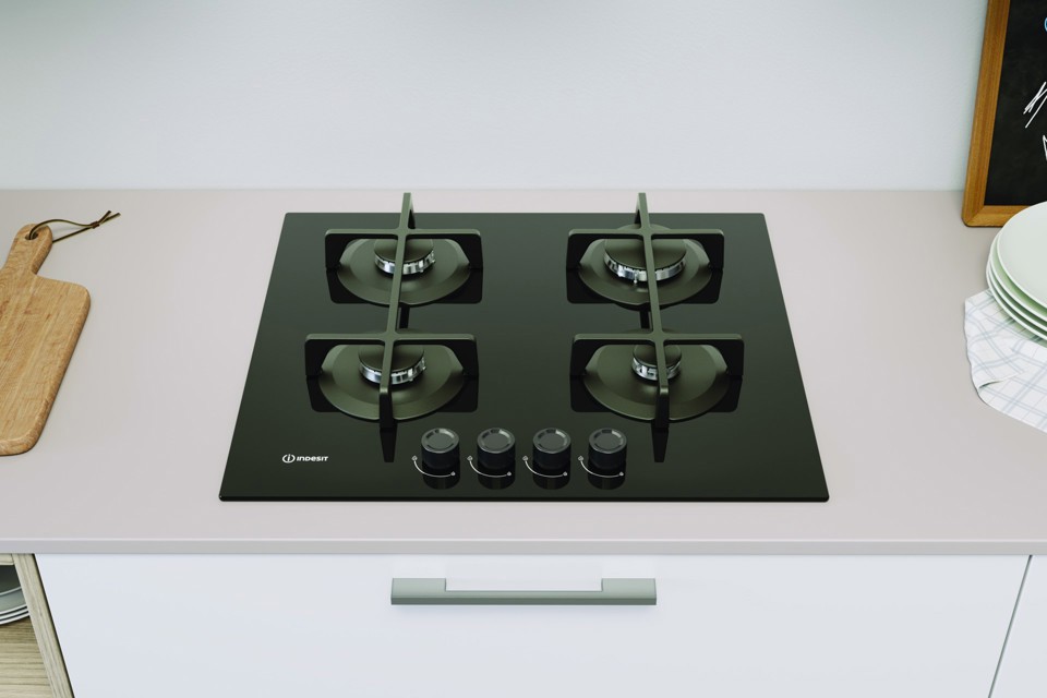 Indesit ING 61T/BK 1 piano gas vetro nero 60cm 4 fuochi griglie in ghisa lavabili in lavastoviglie