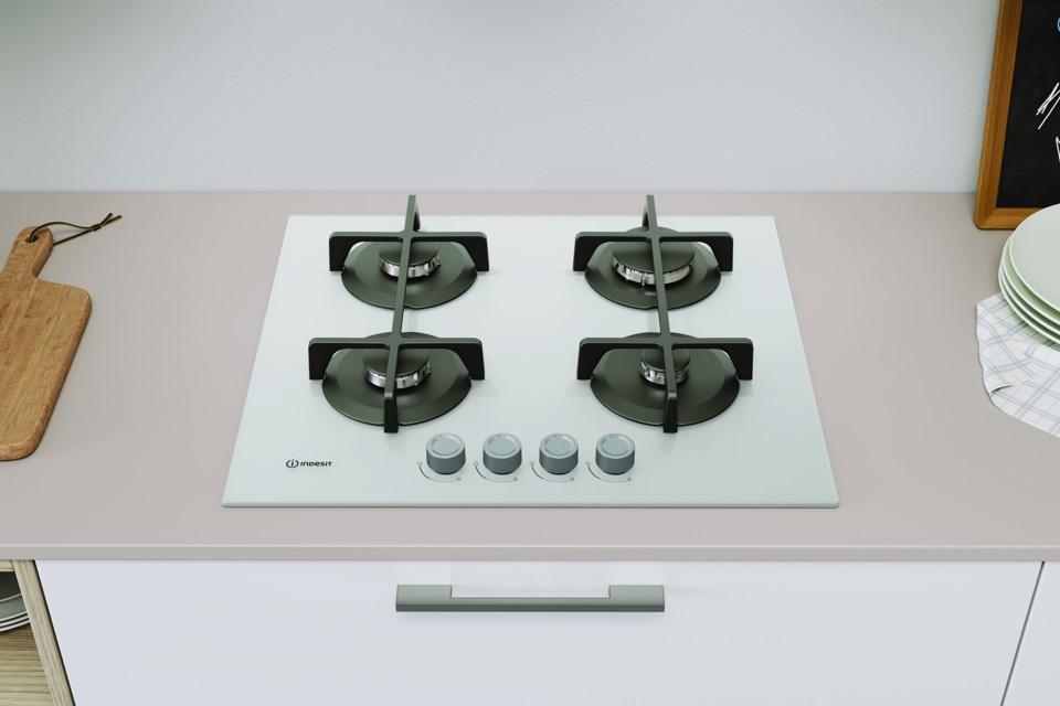 Indesit ING 61T/WH 1 piano gas vetro tortora 60cm 4 fuochi griglie in ghisa lavabili in lavastoviglie