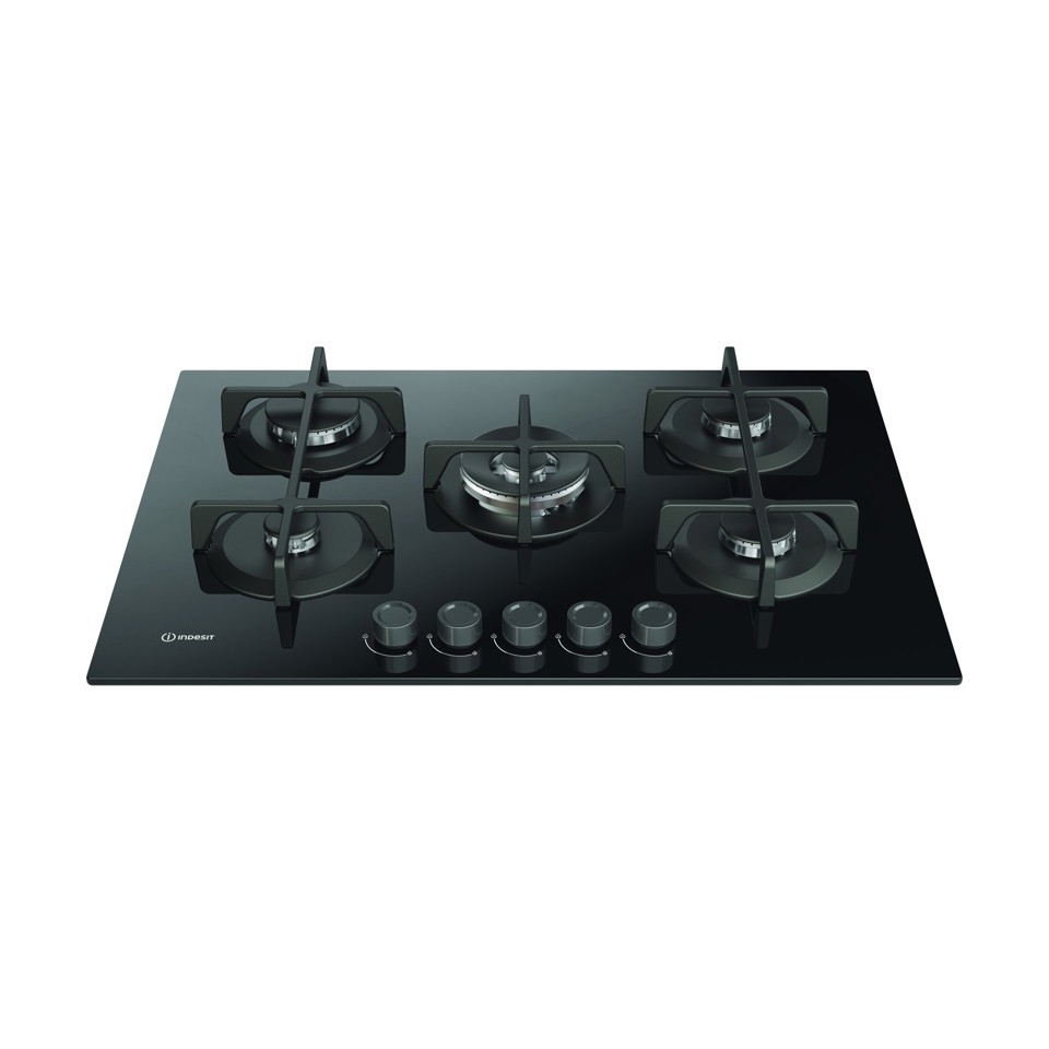 Indesit ING 72T/BK 1 piano gas vetro nero 75cm 5 fuochi bruciatore doppia corona griglie in ghisa lavabili in lavastoviglie