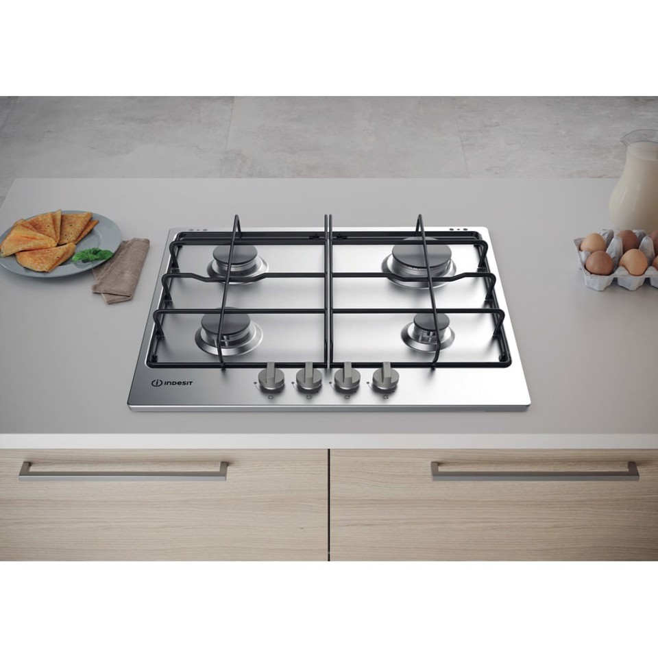 Indesit THP 642 IX/I Nero, Acciaio inossidabile Da incasso 58 cm Gas 4 Fornello(i)