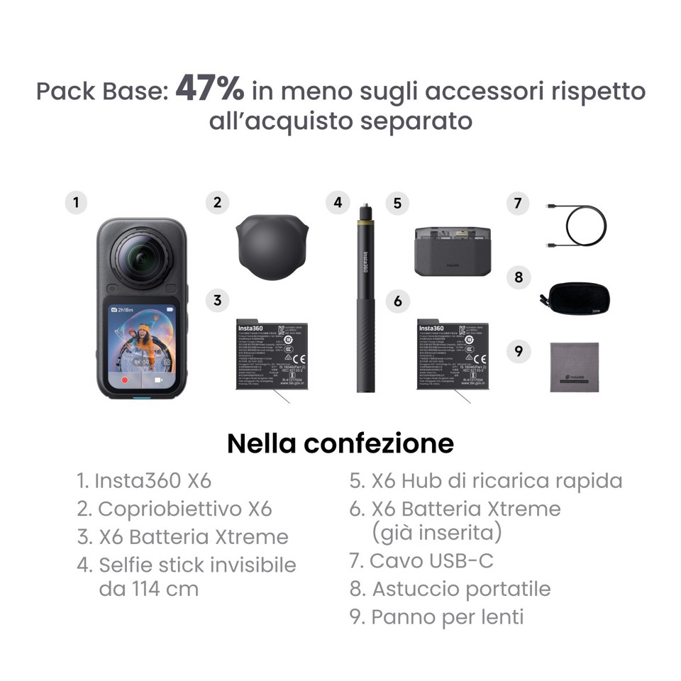 Insta360 X6 Standard Bundle fotocamera per sport d'azione 120 MP 8K Ultra HD 25,4 / 1,1 mm (1 / 1.1") Wi-Fi 195 g