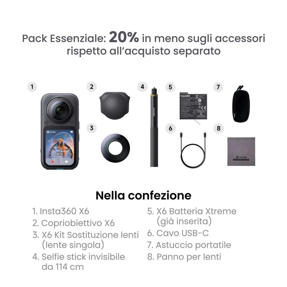 Insta360 X6 Standard Bundle fotocamera per sport d'azione 120 MP 8K Ultra HD 25,4 / 1,1 mm (1 / 1.1") Wi-Fi 195 g