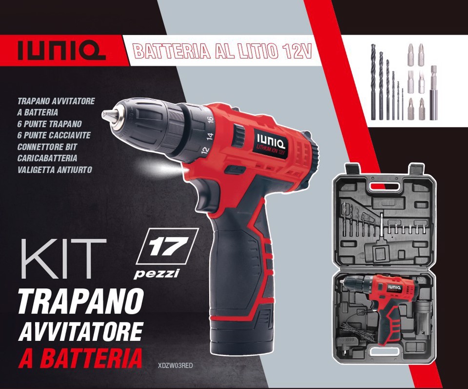 IUNIQ Kit Trapano Avvitatore A Batteria - Con Valigetta