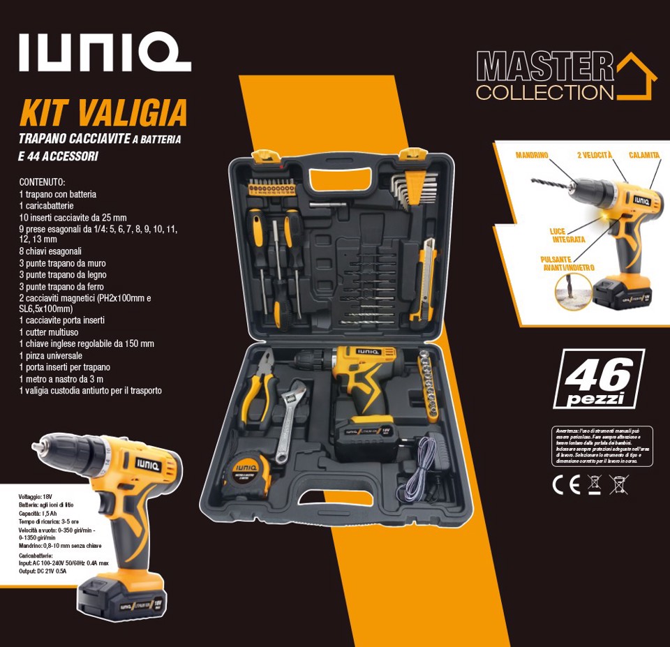 IUNIQ Kit Valigia Trapano Cacciavite a Batteria e 44 Accessori