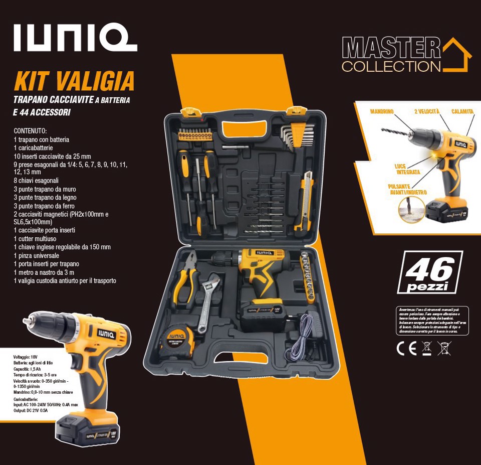 IUNIQ Kit Valigia Trapano Cacciavite a Batteria e 44 Accessori