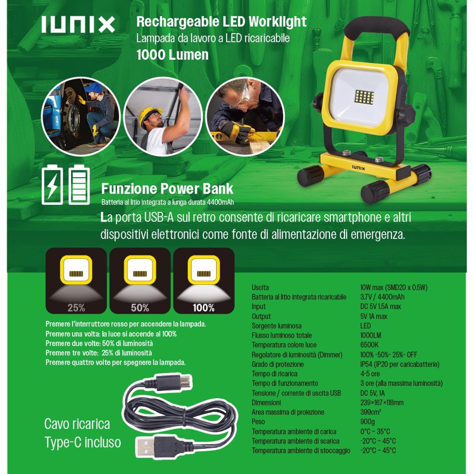 IUNIQ Lampada da lavoro a LED ricaricabile