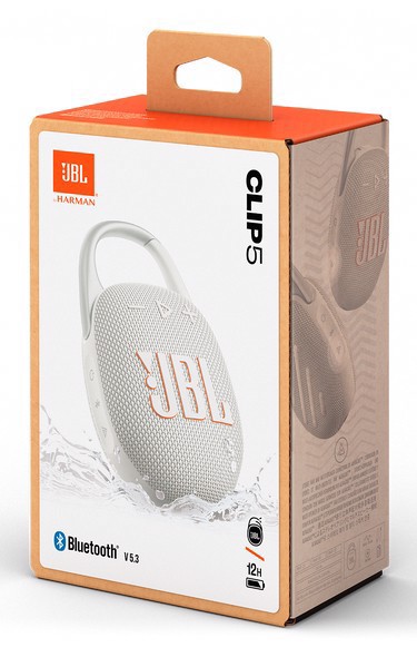 JBL Clip 5, Sistema audio portatile Waterproof e Dustproof con moschettone integrato, Bianco