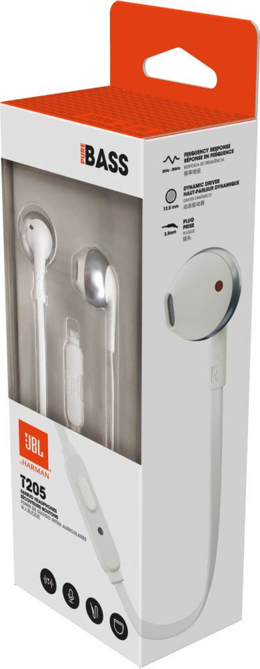 JBL T205 Cuffia Auricolare Connettore 3.5 mm Cromo, Bianco