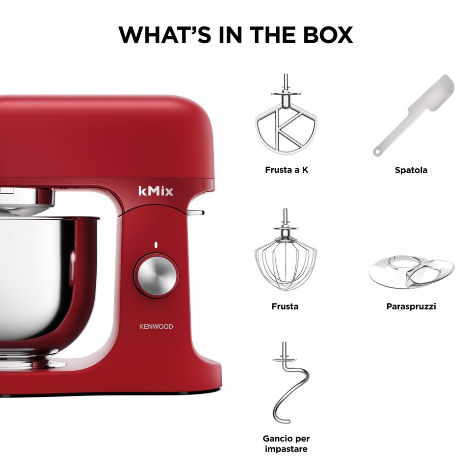 Kenwood kMix - Impastatrice planetaria, Paraschizzi, 3 ganci e fruste, 1000 W, Ciotola 5L, Rosso (KMX751ARD)