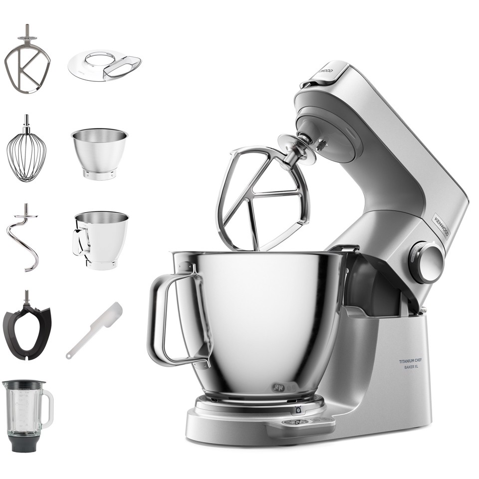 Kenwood Titanium Chef Baker XL - Impastatrice planetaria, 4 ganci e fruste inox, 1200W, 7L, Silver (KVL85.124SI )