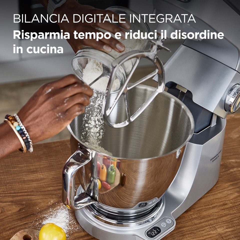 Kenwood Titanium Chef Baker XL - Impastatrice planetaria, 4 ganci e fruste inox, 1200W, 7L, Silver (KVL85.124SI )