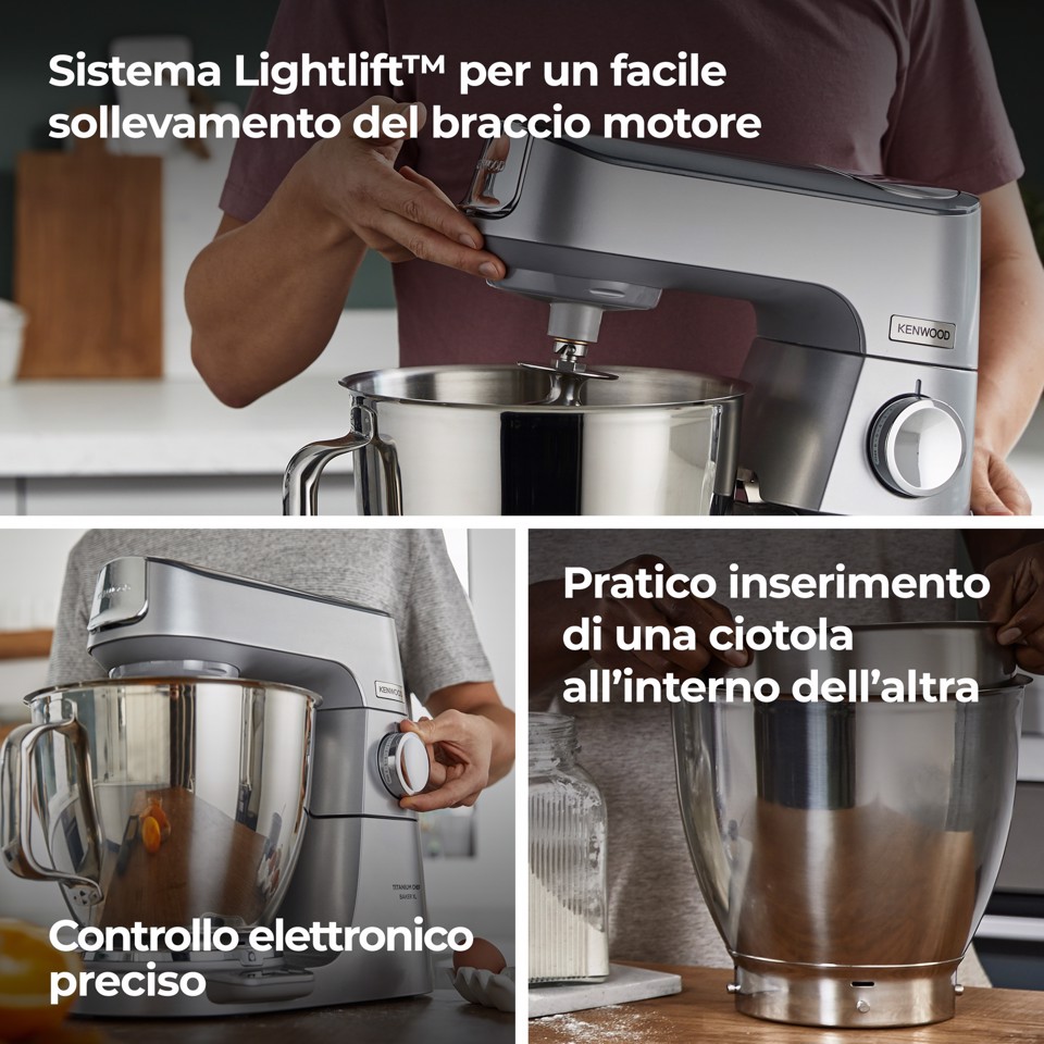 Kenwood Titanium Chef Baker XL - Impastatrice planetaria, 4 ganci e fruste inox, 1200W, 7L, Silver (KVL85.124SI )