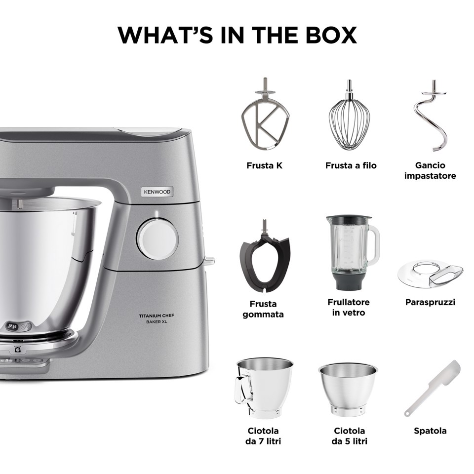 Kenwood Titanium Chef Baker XL - Impastatrice planetaria, 4 ganci e fruste inox, 1200W, 7L, Silver (KVL85.124SI )