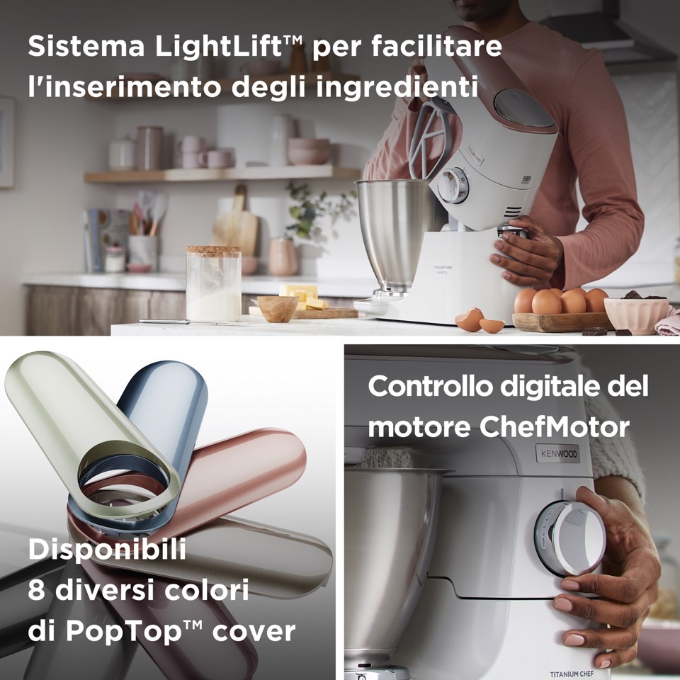 Kenwood Titanium Chef Baker XL Lite - Impastatrice planetaria, 3 ganci e fruste,1200W, 7L, Bianco (KVL65.001WH)