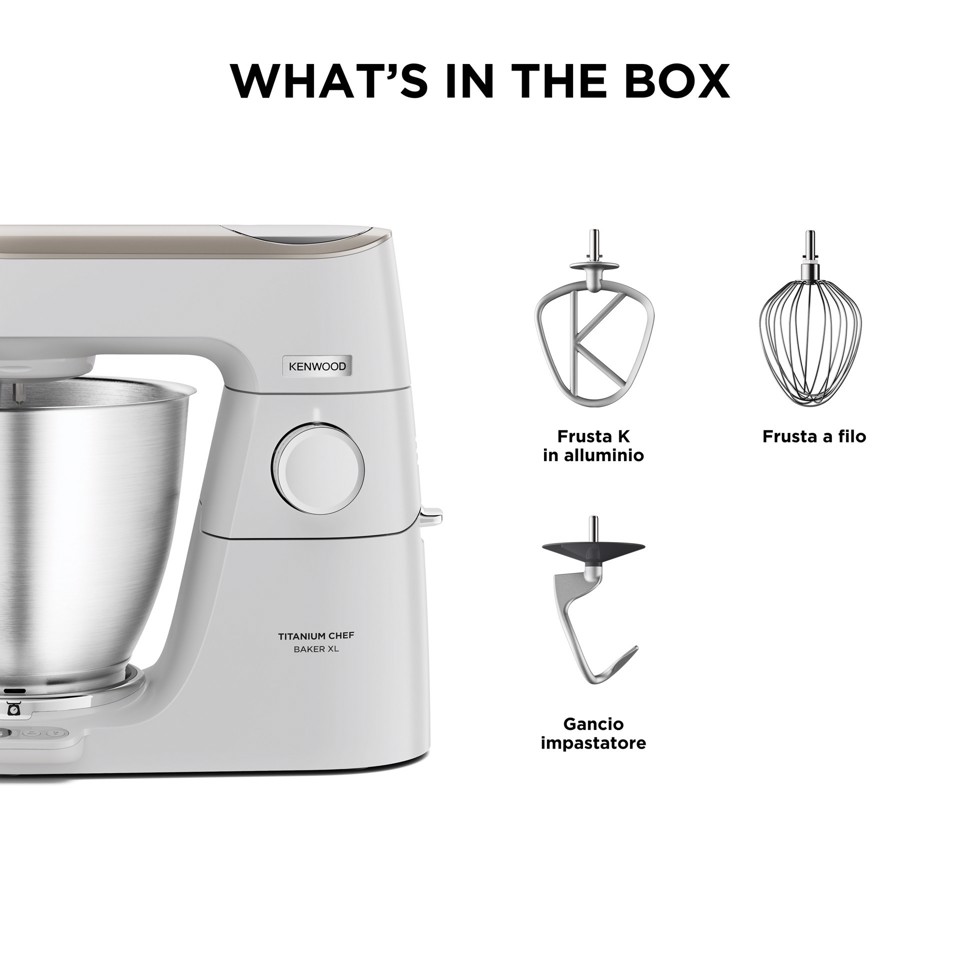 Kenwood Titanium Chef Baker XL Lite - Impastatrice planetaria, 3 ganci e fruste,1200W, 7L, Bianco (KVL65.001WH)