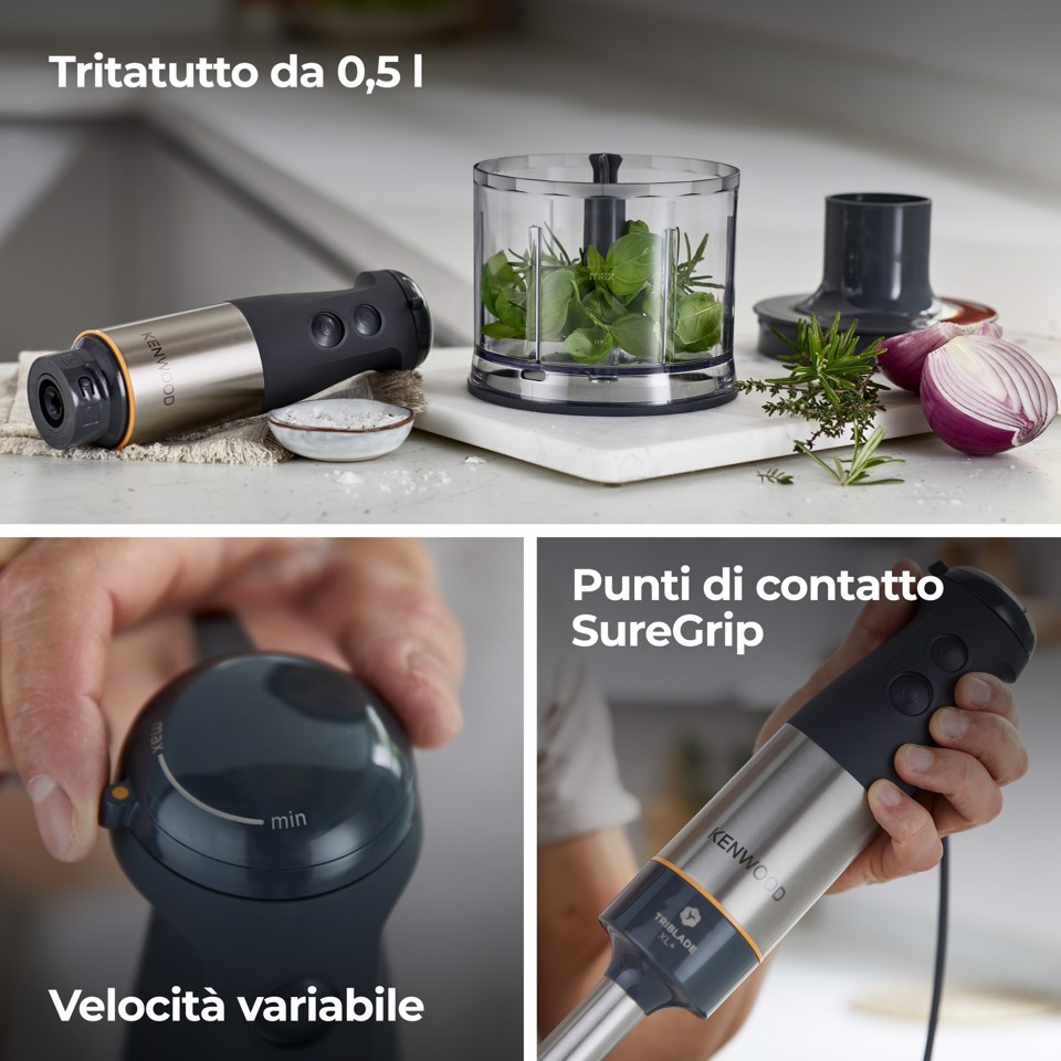 Kenwood Triblade XL+ - Frullatore ad immersione, Asta removibile in acciaio inox, 1000 W, Grigio (HBM60.307GY)