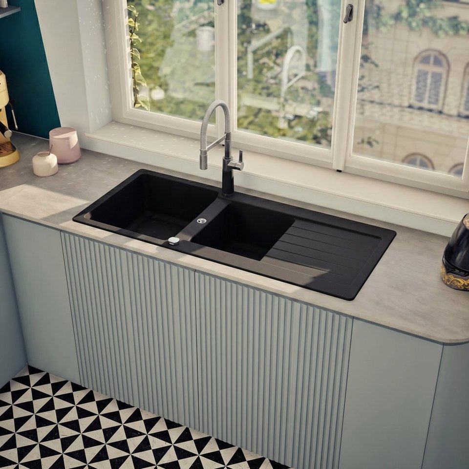 LAVELLO 116X50 2 VASCHE + GOCC. NERO OPACO